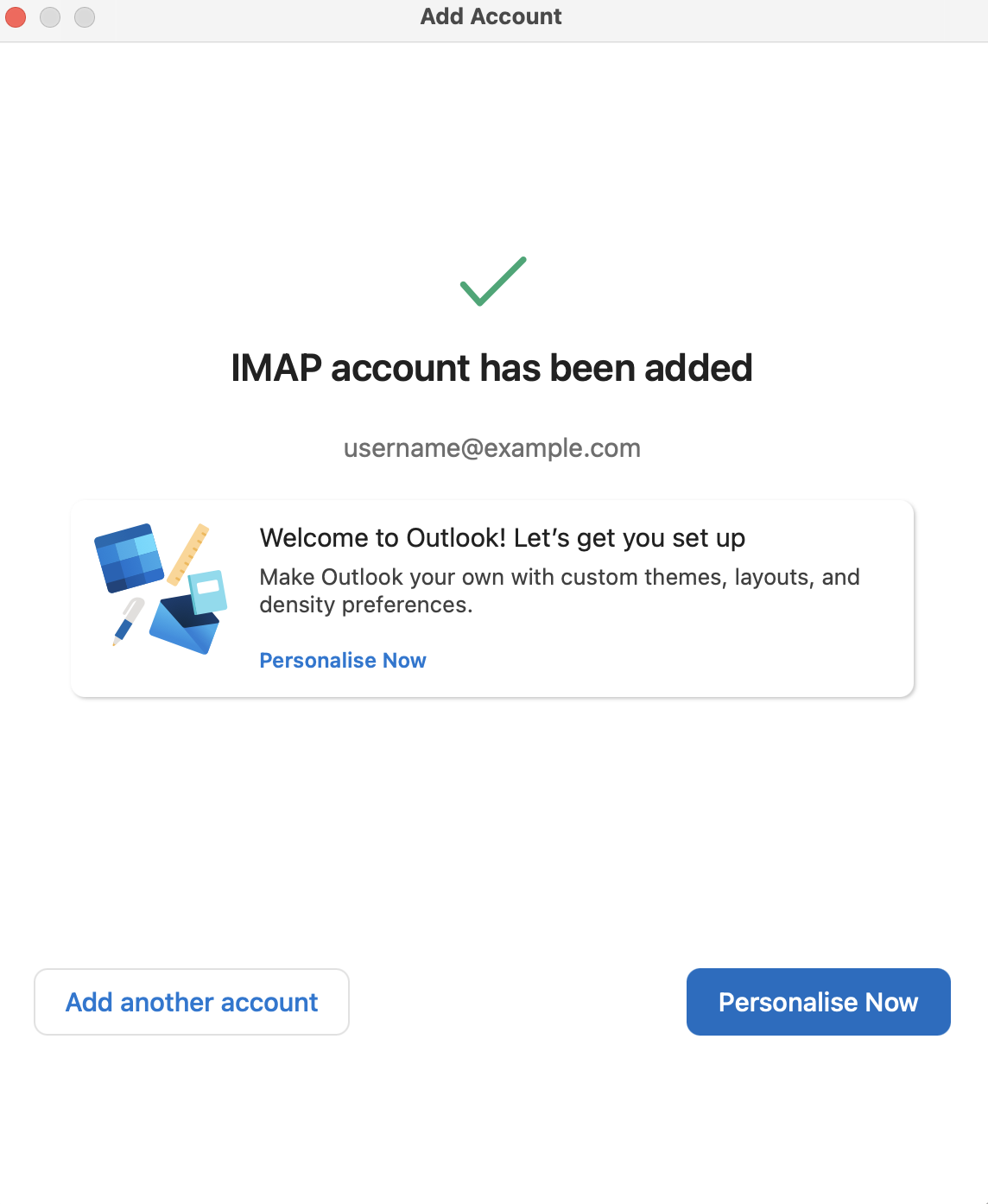 IMAP account has been added message with green checkmark